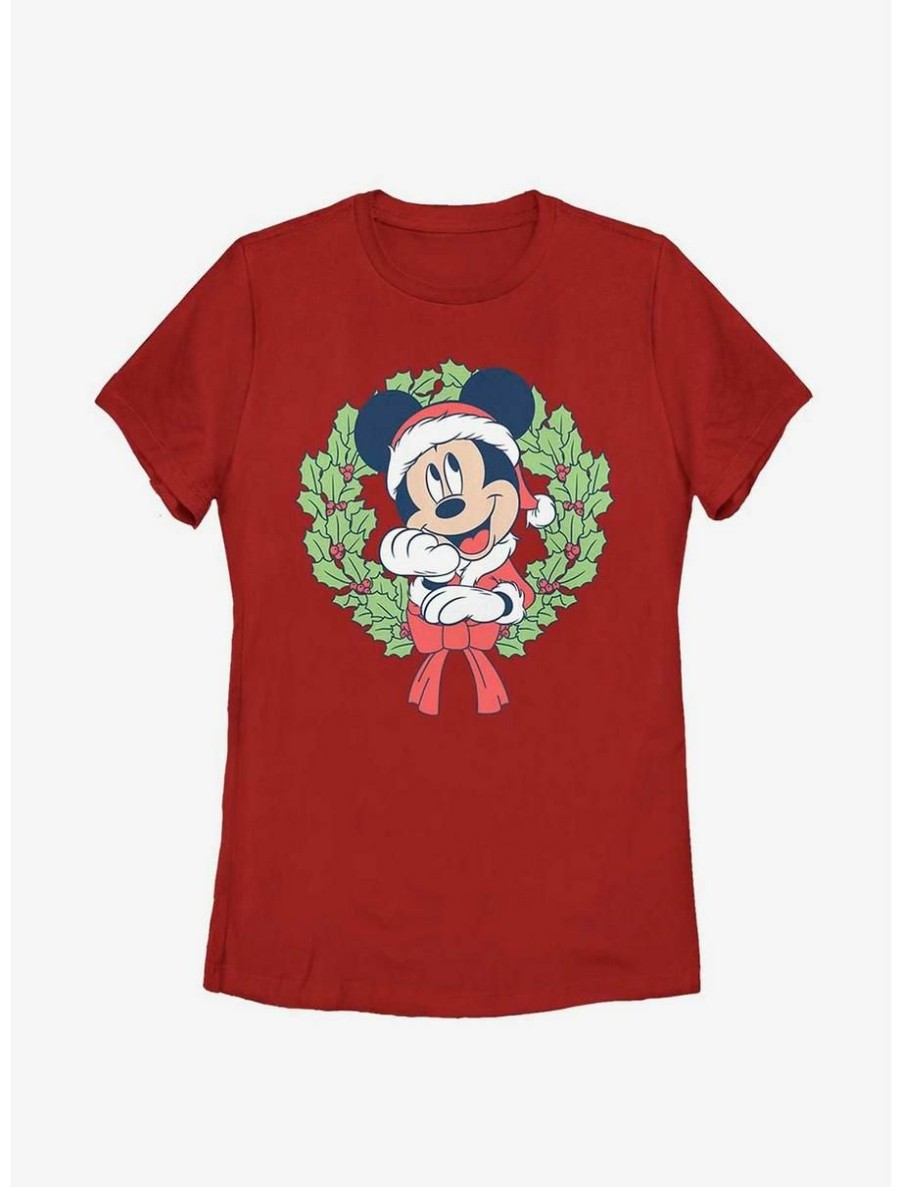 Cartoons * | Cartoons Disney Mickey Mouse Christmas Wreath Womens T-Shirt